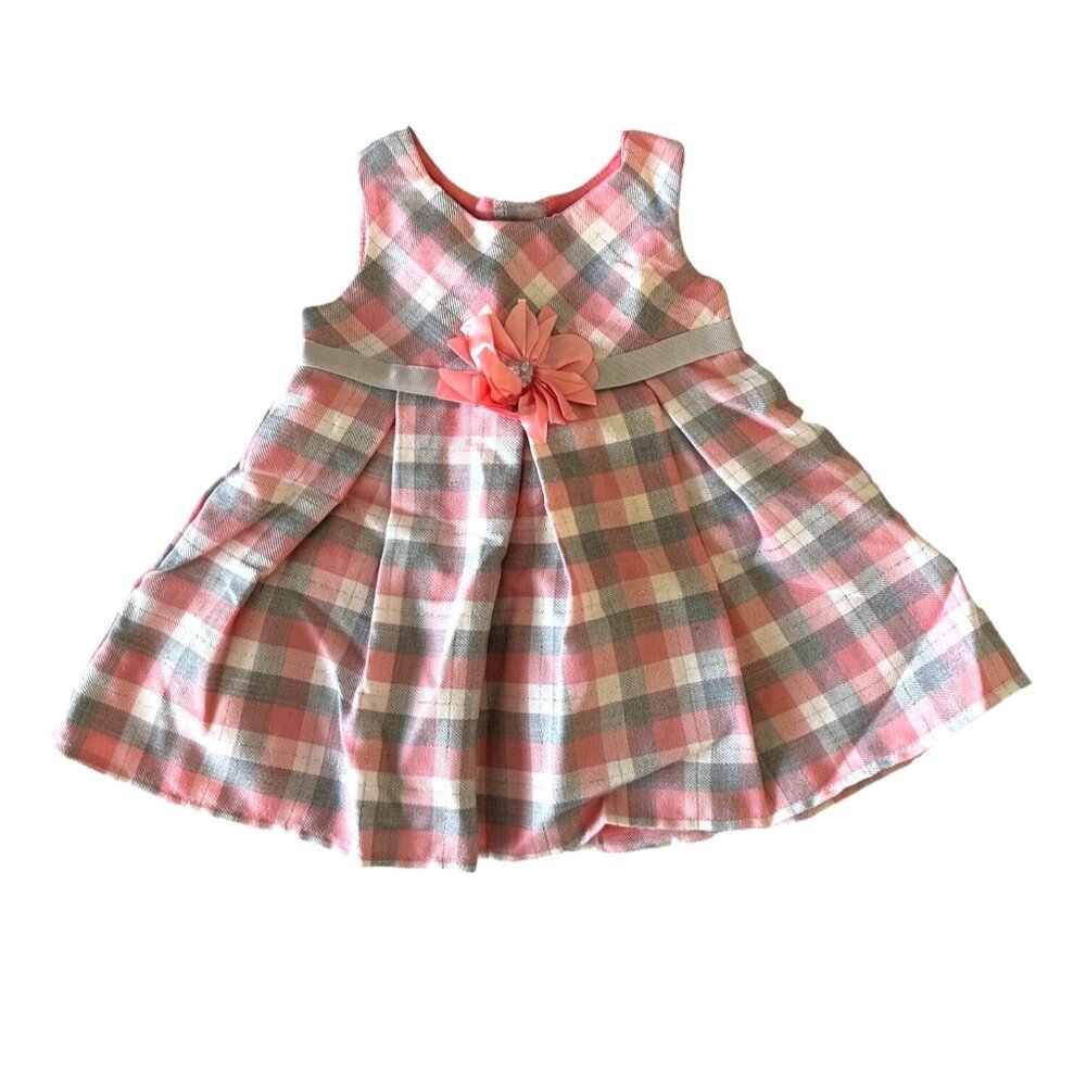 Sweet Heart Rose Infant 12M Plaid Dress With Pink Flower & Bow Tulle Lining